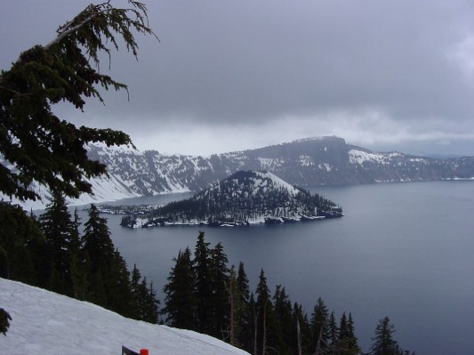 Looking out toward Wizard Island at Crater Lake.